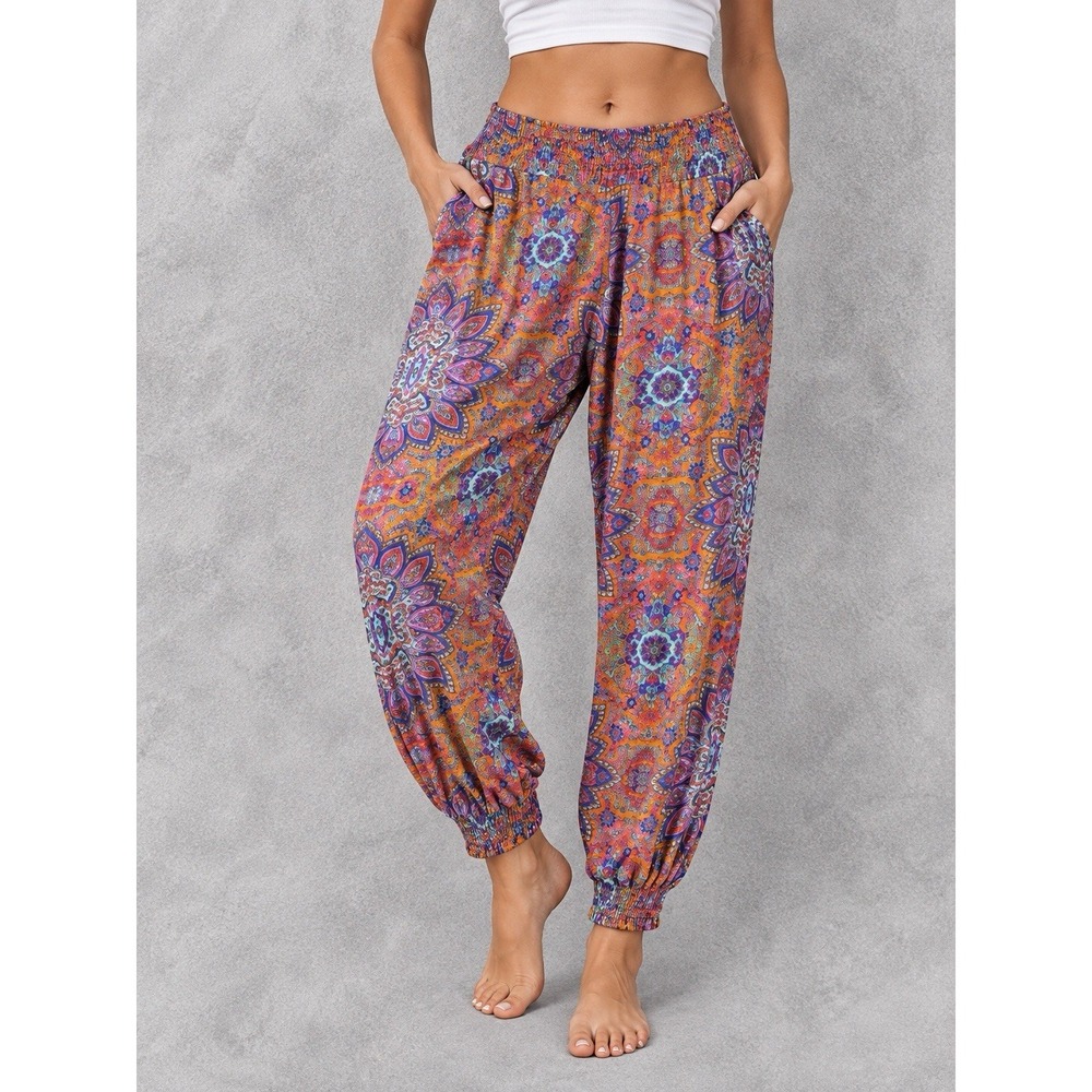 Luli Fama Candela Jogger Pants Womens Large Orange Paisley Smocked Resort
